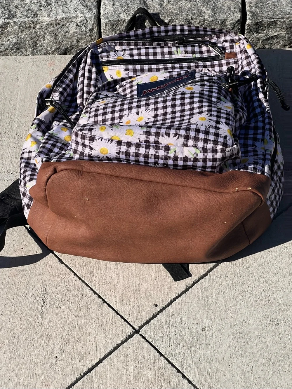 Jansport Brown Gingham Daisy Kids Backpack with Tan Faux-Leather Base